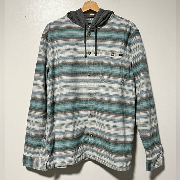 Billabong Men’s Hooded Button-Down Shirt Jacket - Medium – Green Gray Striped - Picture 2 of 15